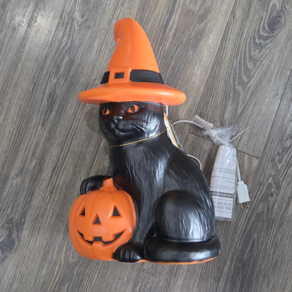 Black Cat Witch Hat Pumpkin Blow Mold 19in Plastic Orange Black Halloween Decor - Picture 2 of 7